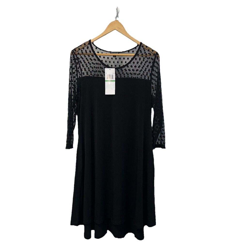 Nina Leonard Black Polka Dot Mesh Dress With Pockets Size Large NWT A-Line